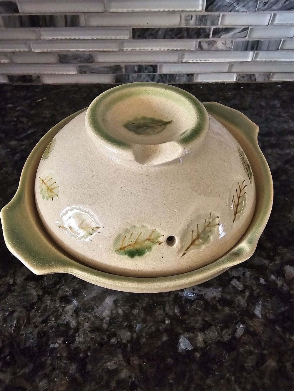 Vintage Japanese Donabe Leaf-Pattern Ceramic Covered Baker in Cream and Green